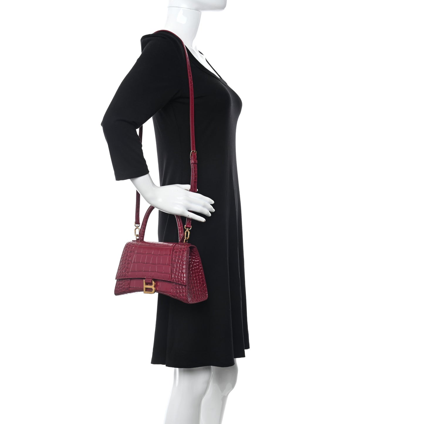 Shiny Calfskin Crocodile Embossed Small Hourglass Top Handle Bag Raspberry