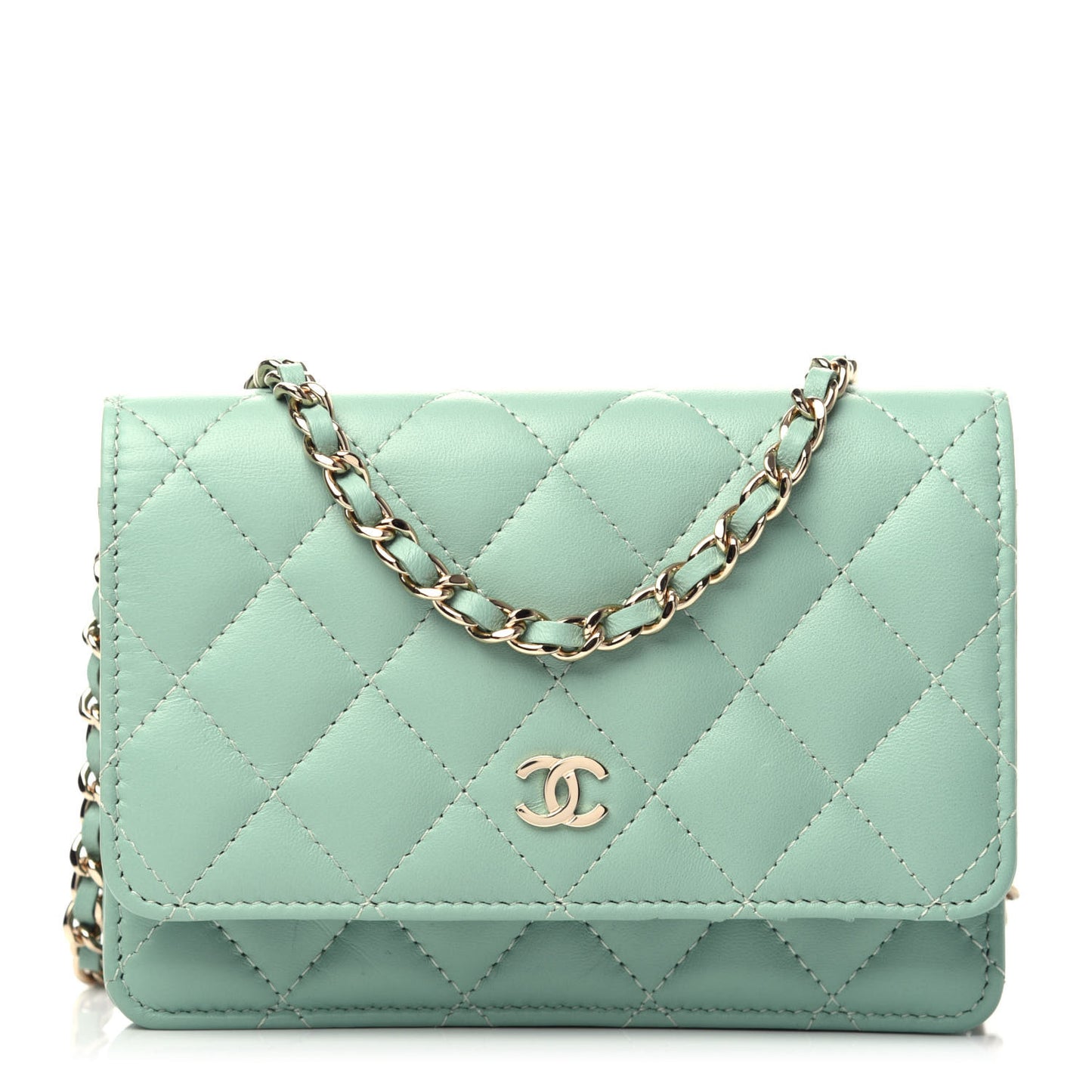 Lambskin Quilted Mini Wallet On Chain WOC Light Green