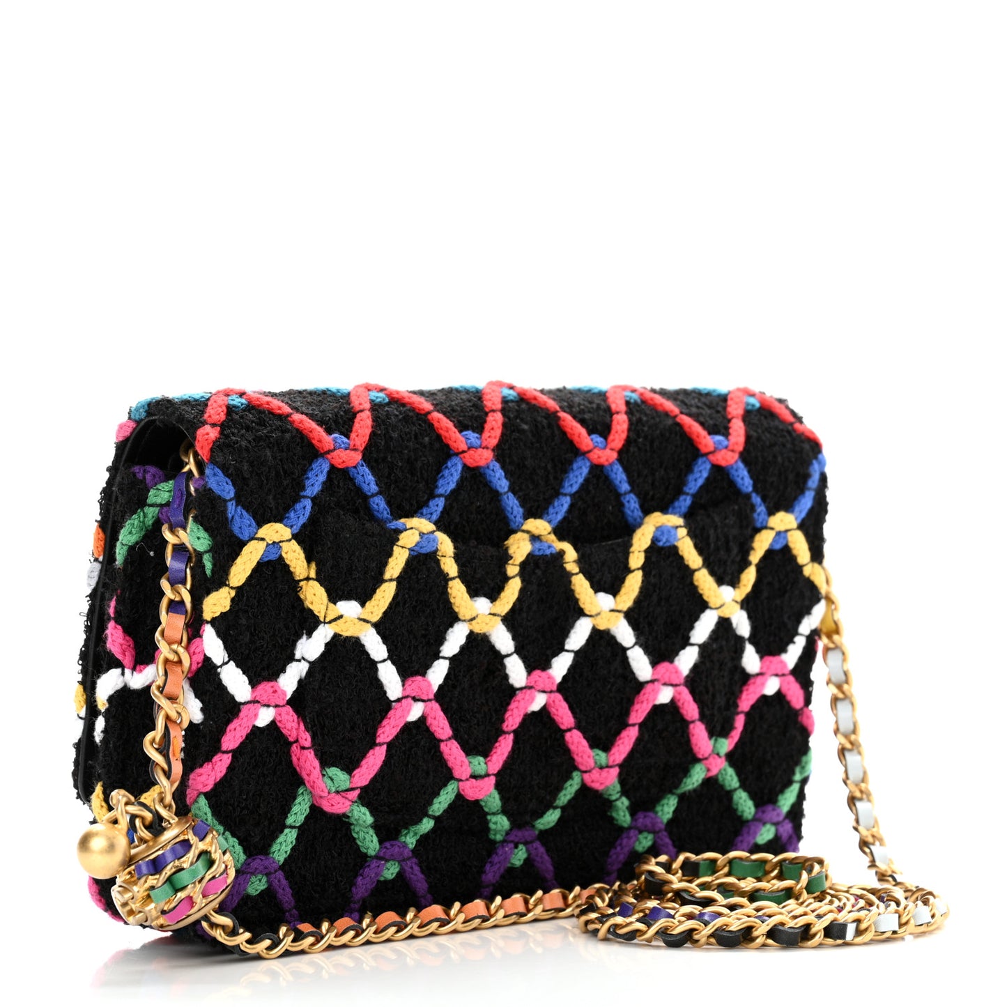 Tweed Diamond Threaded Pearl Crush Wallet On Chain WOC Black Multicolor