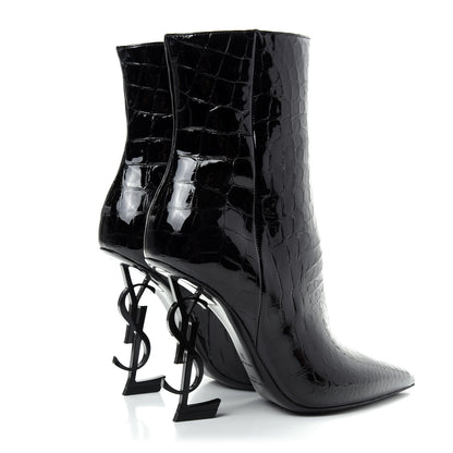 Saint Laurent Alligator Embossed Patent Calfskin Opyum 110 Ankle Boots 38 Black 4 of 11