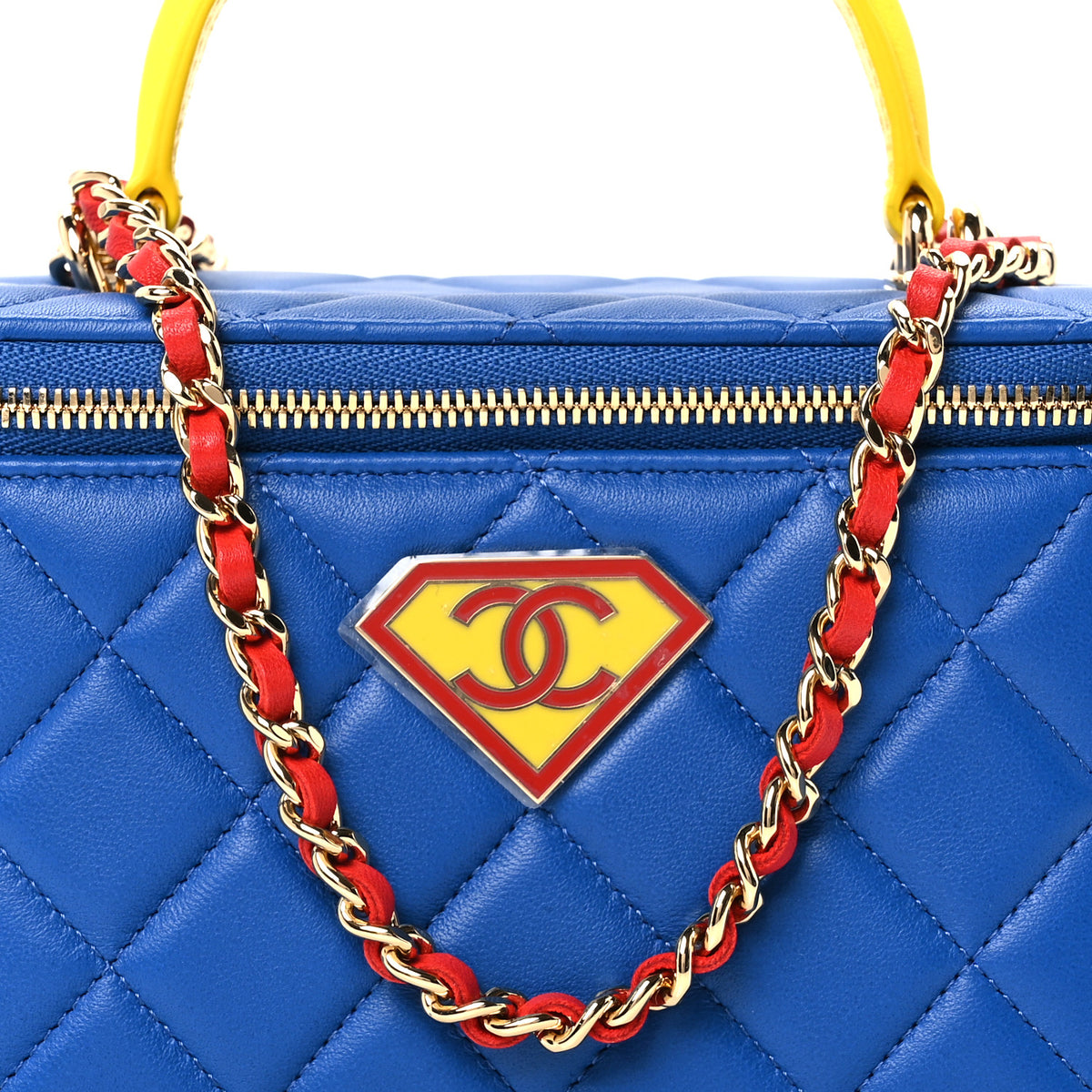 Lambskin Quilted Top Handle Vanity  Blue Red Yellow