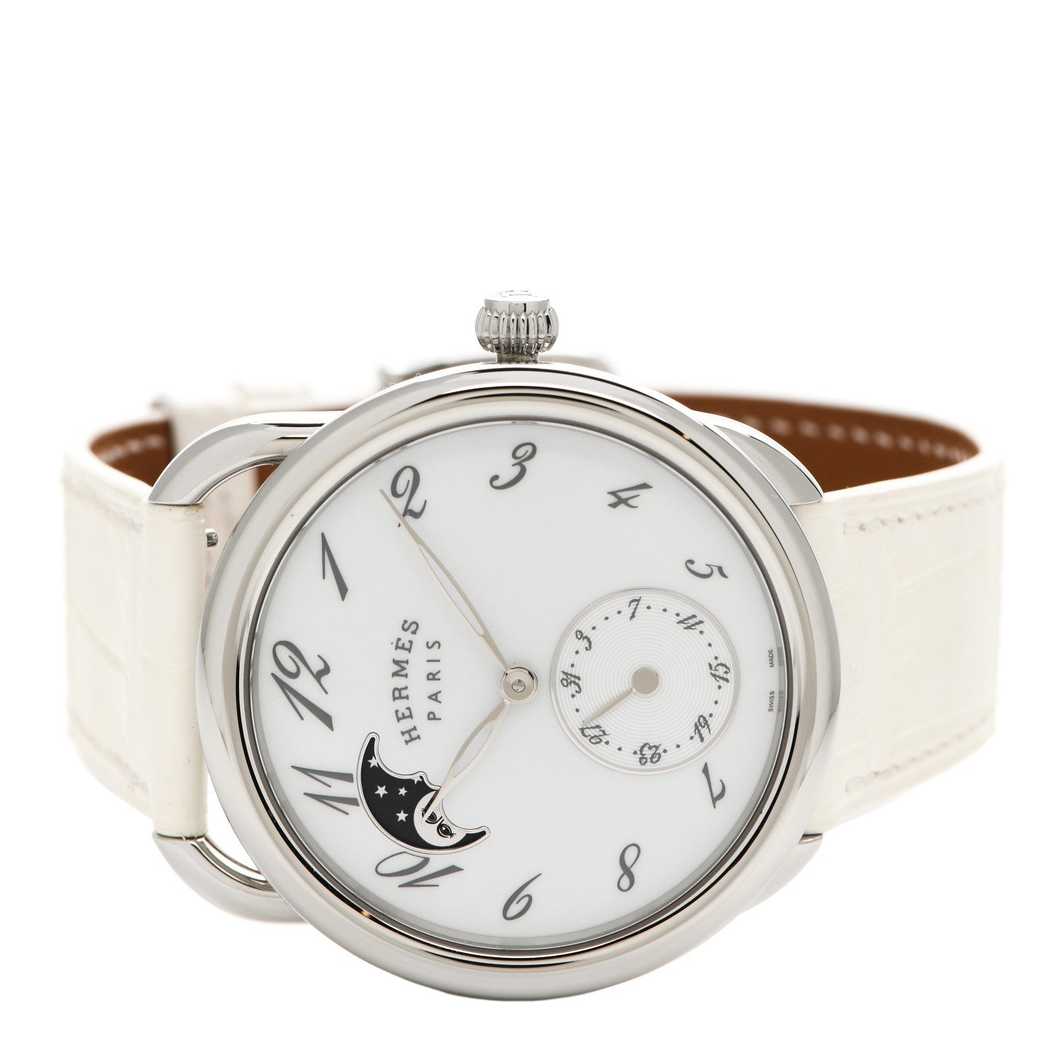 Hermes Stainless Steel Alligator 38mm Arceau Petite Lune Automatic Watch Blanc 2 of 7