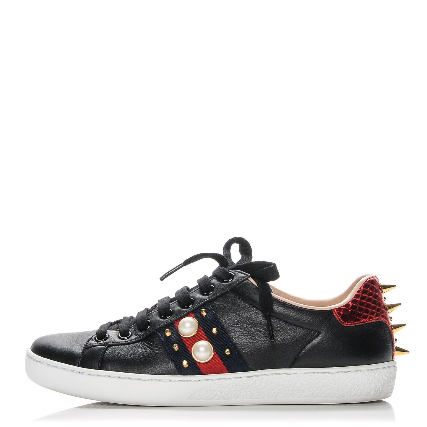 Calfskin Web Studded Ace Sneakers 36 Black