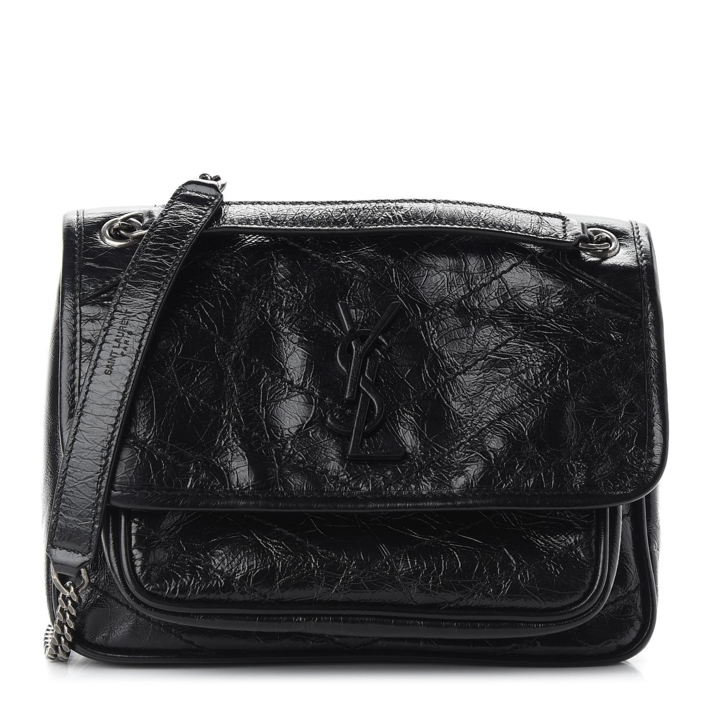 Crinkled Calfskin Matelasse Monogram Baby Niki Chain Satchel Black
