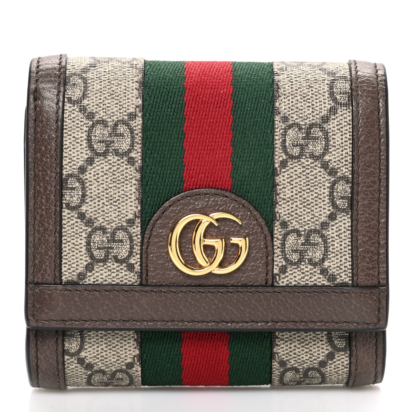 GG Supreme Monogram Textured Calfskin Web Ophidia Card Case Wallet Beige Ebony New Acero