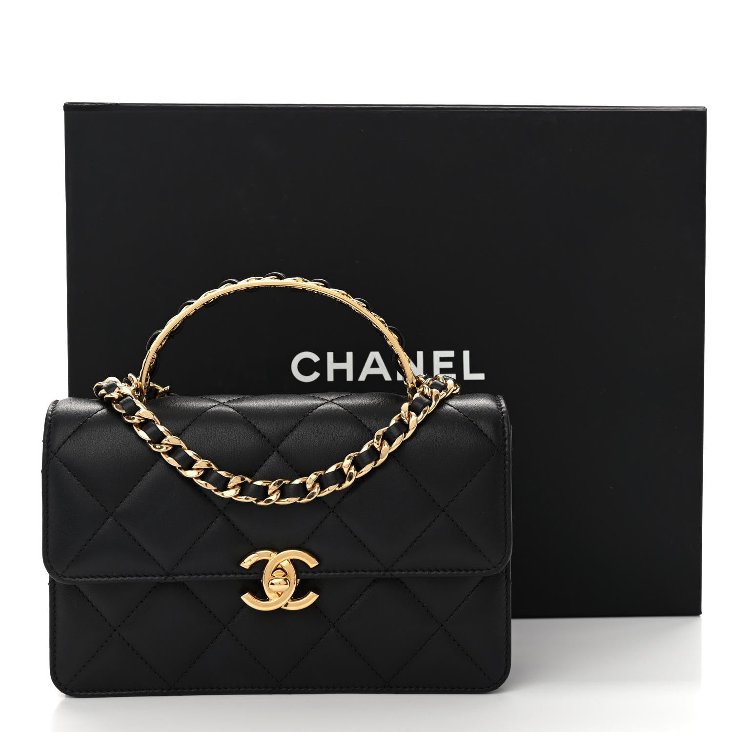 Chanel Lambskin Quilted Chain Logo Top Handle Flap Black 11 of 11