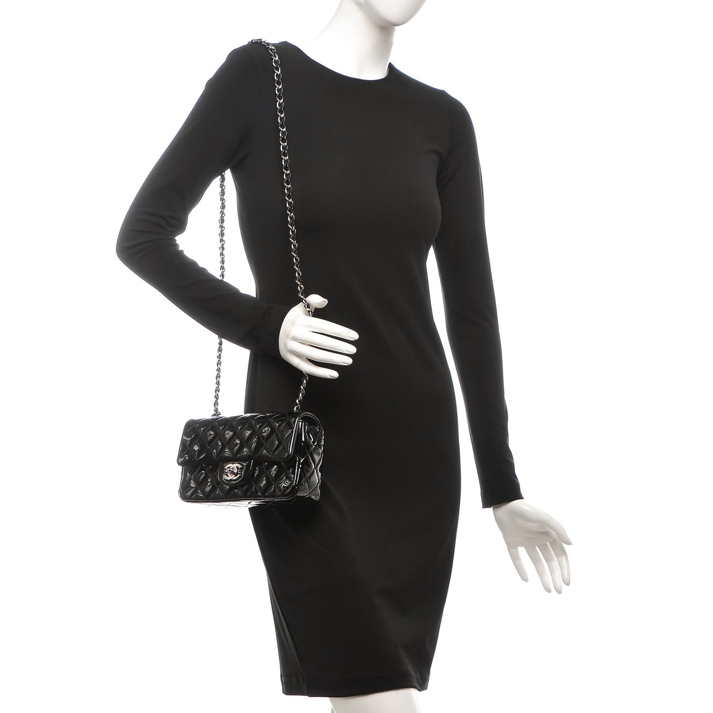 Patent Calfskin Quilted Mini Rectangular Flap Black