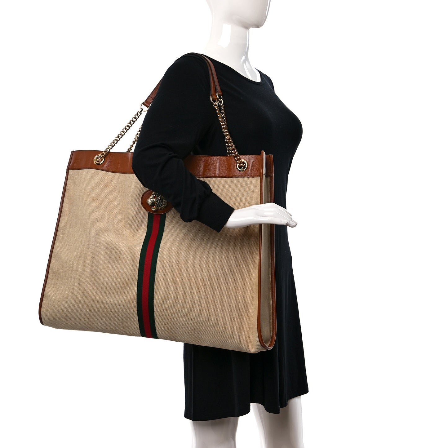 Vintage Canvas Calfskin Web Maxi Rajah Chain Tote Sand Light Cuir