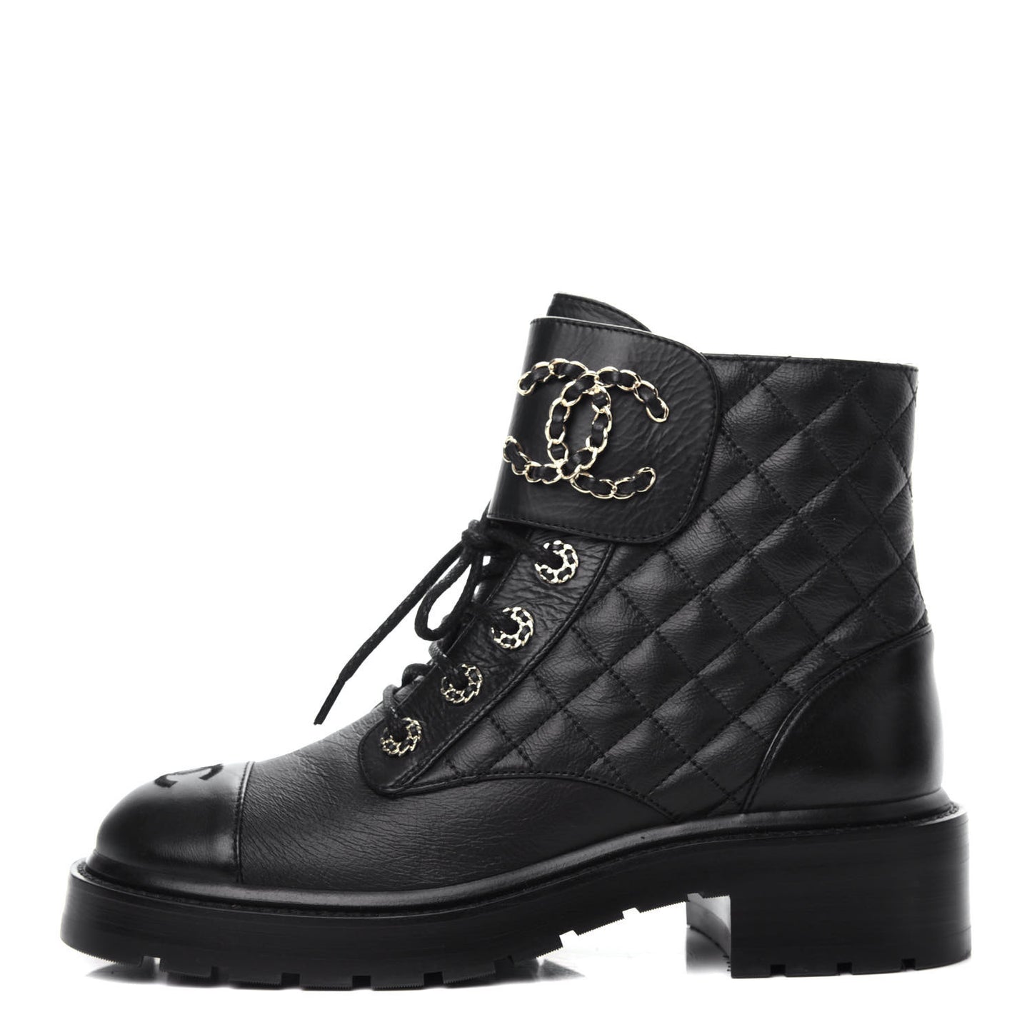 Shiny Goatskin Calfskin Quilted Lace Up Combat Boots 38 Black