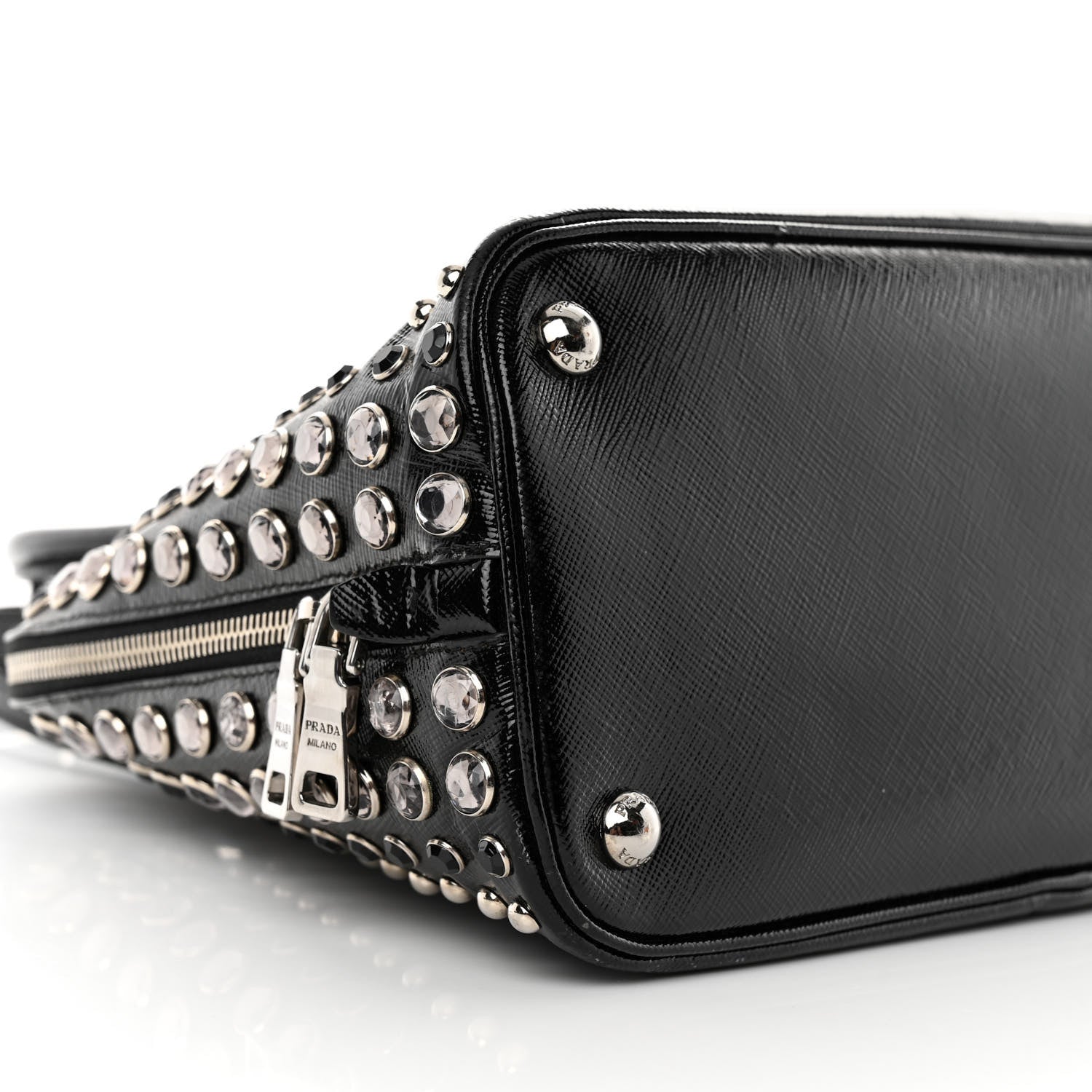 Prada Saffiano Vernice Small Crystal Pyramid Bag Black 9 of 16