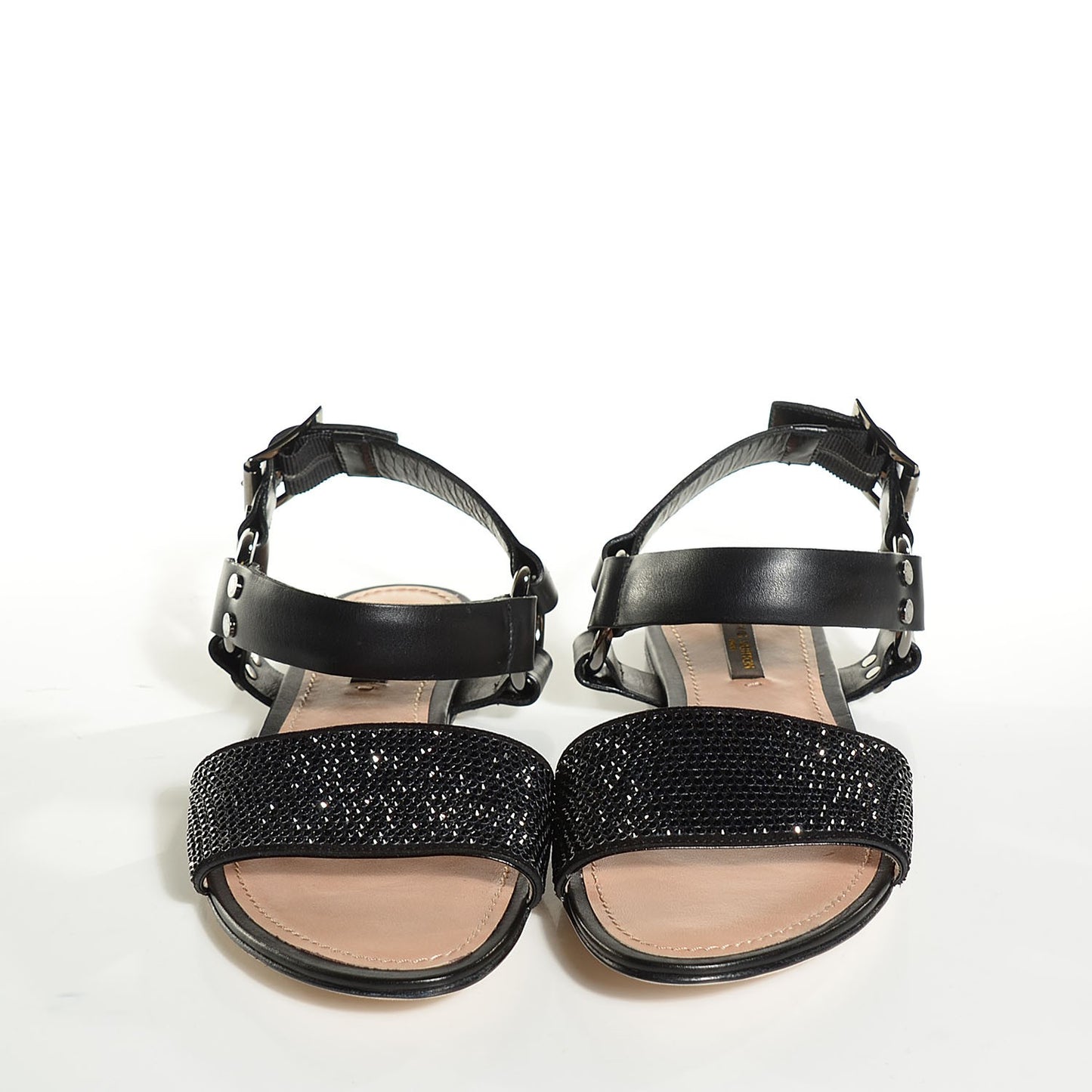 Calfskin Strass Backstage Flat Sandals 38.5 Black