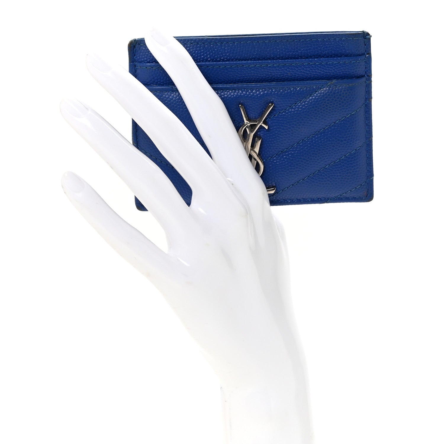 Saint Laurent Grain De Poudre Matelasse Chevron Credit Monogram Card Case Blue Majorelle 2 of 7