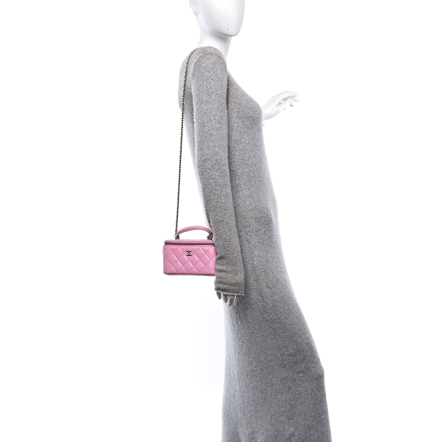 Lambskin Quilted Small Top Handle Vanity Case With Chain Lilac Light Green