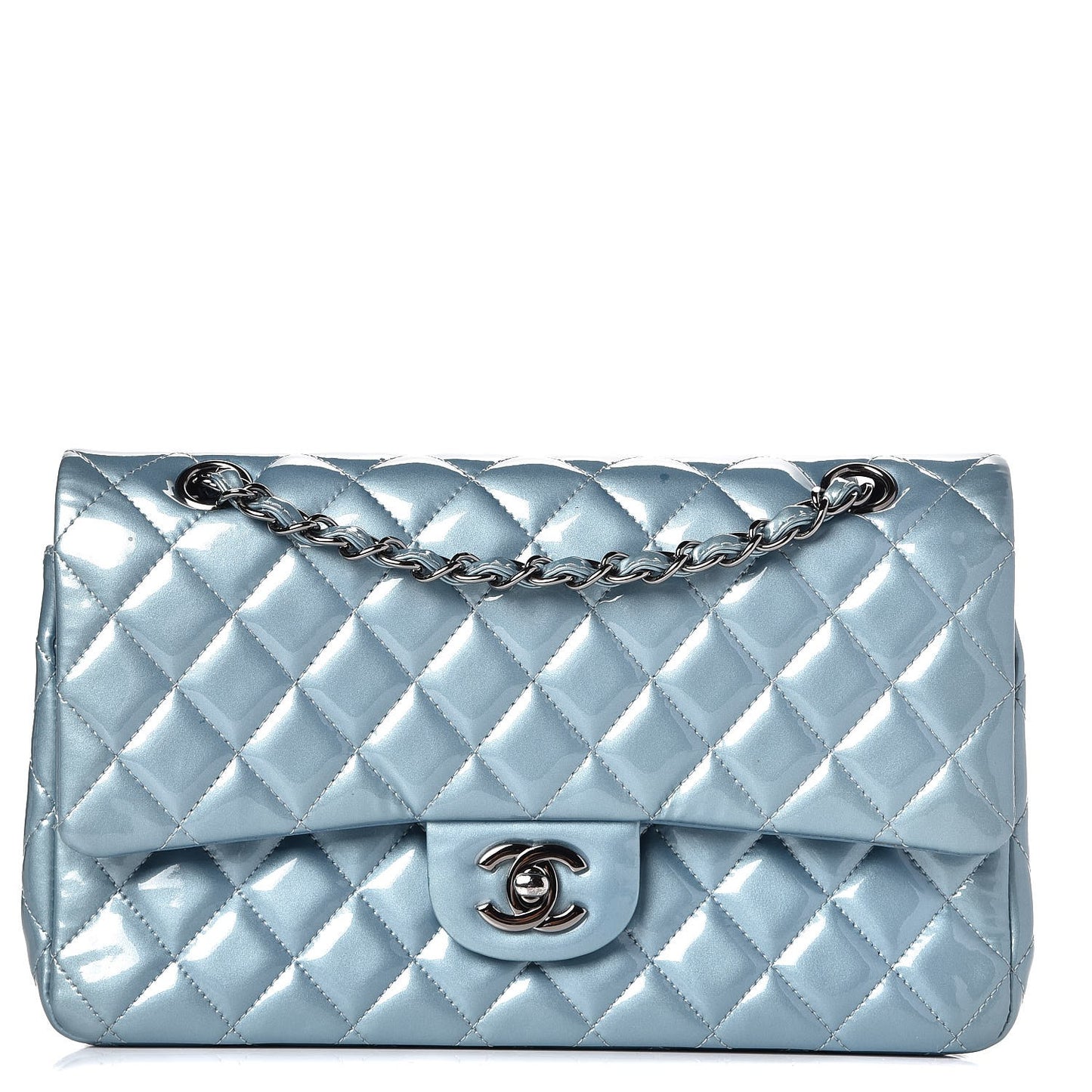 Patent Calfskin Quilted Medium Double Flap Turquoise