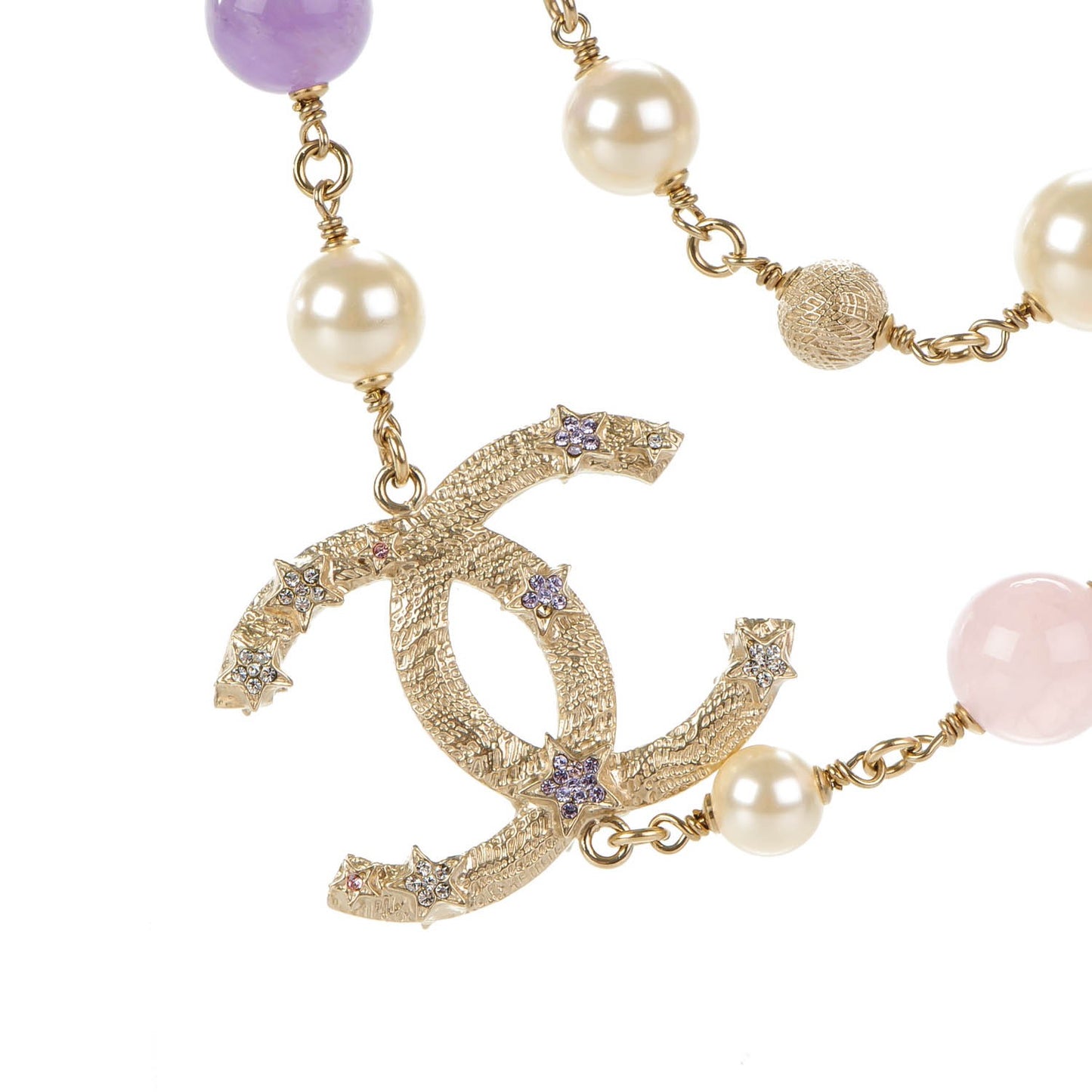 Pearl Beaded Crystal Star CC Long Necklace Purple Gold