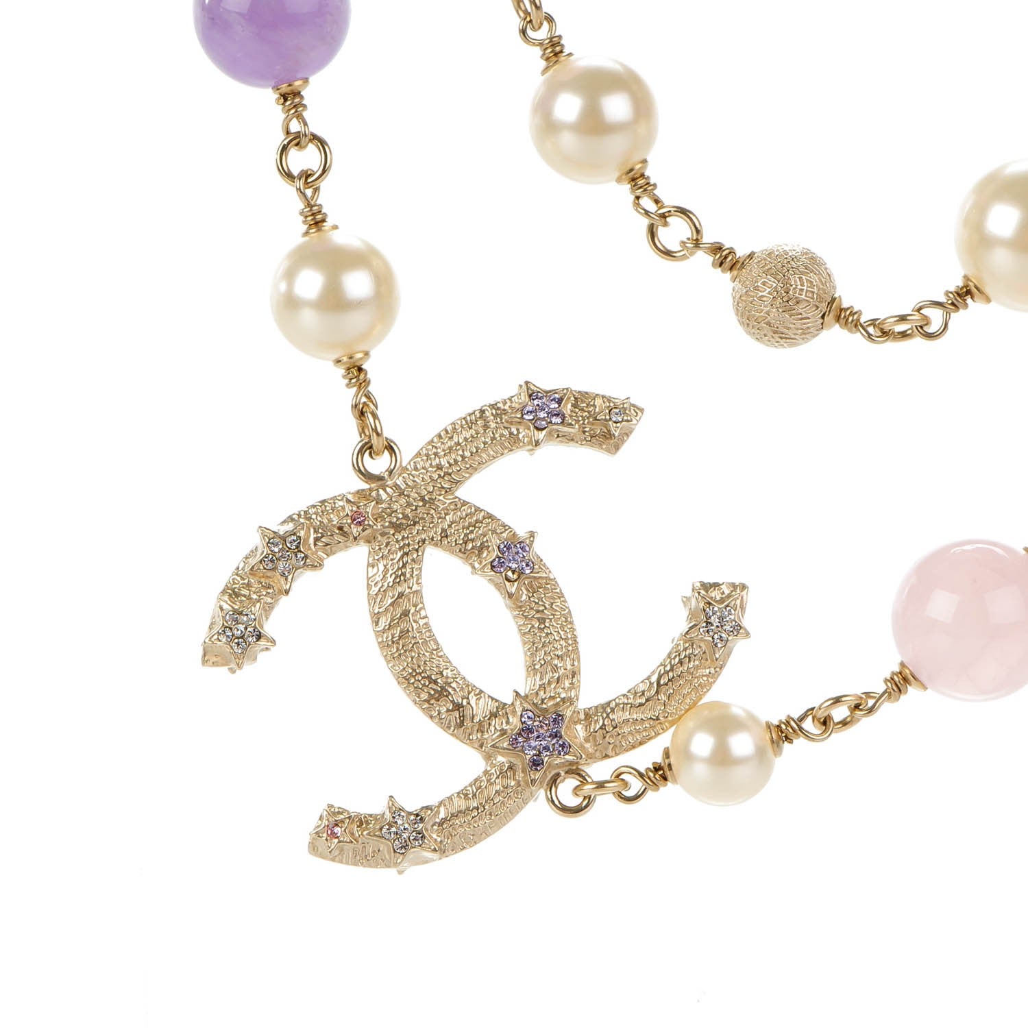 Chanel Pearl Beaded Crystal Star CC Long Necklace Purple Gold 4 of 7