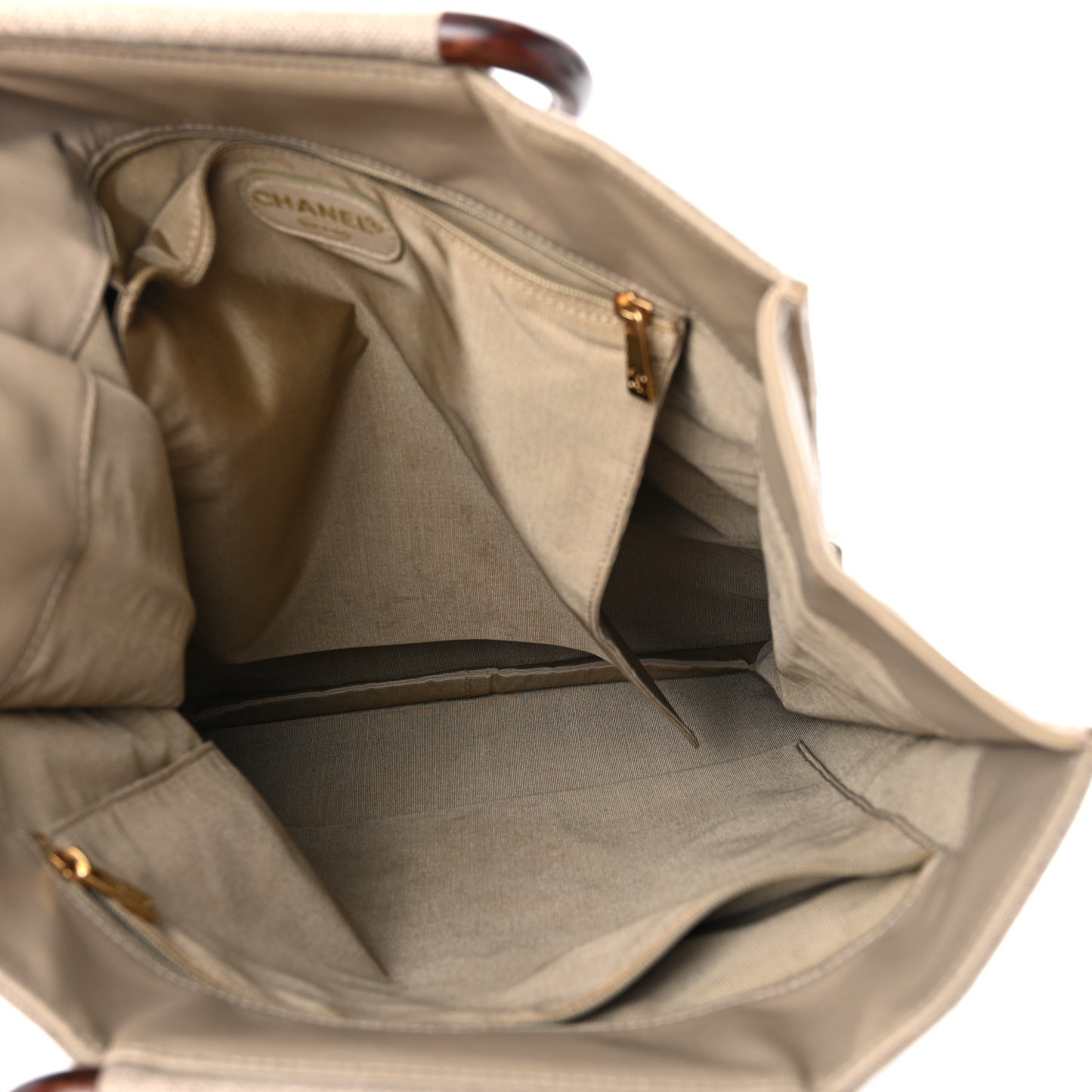 Canvas Calfskin Wooden Handle Bag Beige