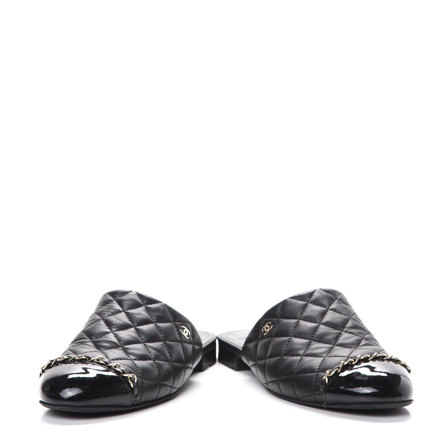 Lambskin Patent Quilted Chain Mules 38 Black