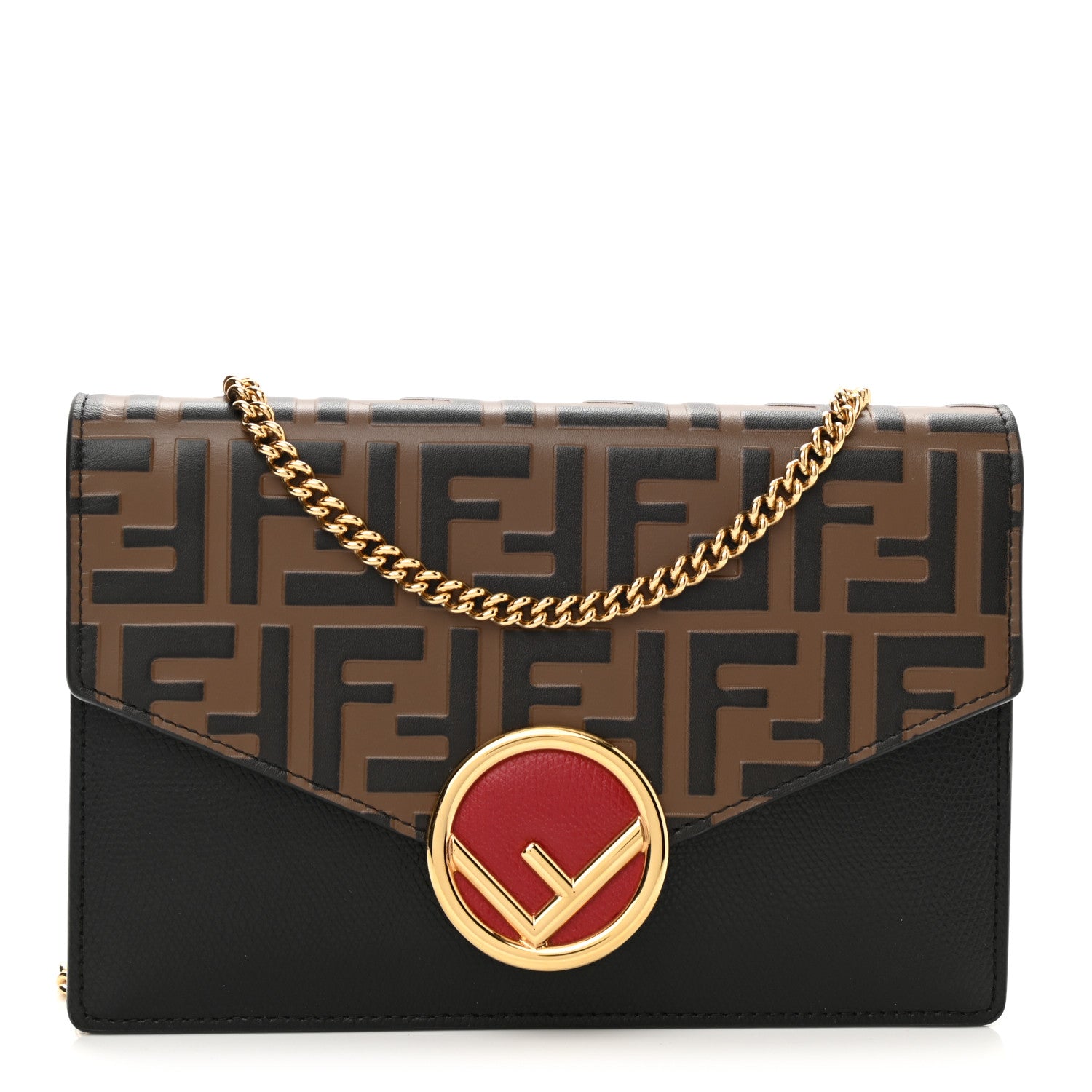Fendi Vitello Cruise F is Fendi Bi-Color FF 1974 Embossed Medium Envelope Wallet On Chain Black Maya 1 of 8