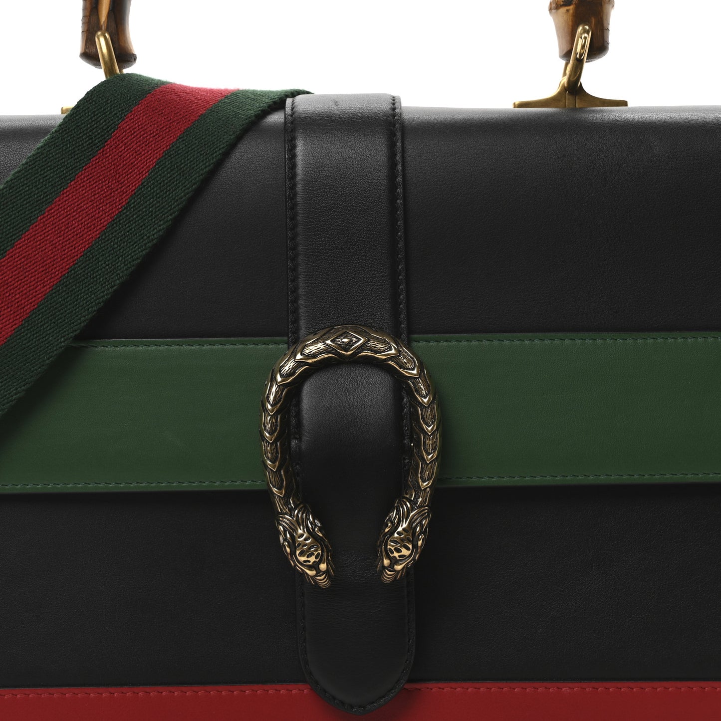 Calfskin Bamboo Web Large Dionysus Top Handle Bag Black Bright Evergreen Hibiscus Red
