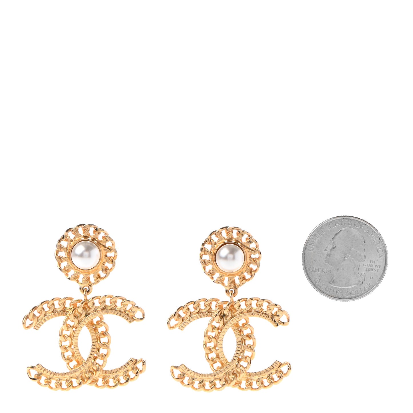 Metal Pearl CC Chain Drop Earrings Gold