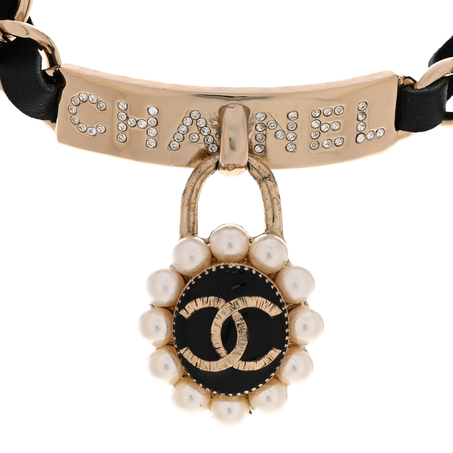 Crystal Pearl Lambskin CC Chain Choker Gold Black Pearly White
