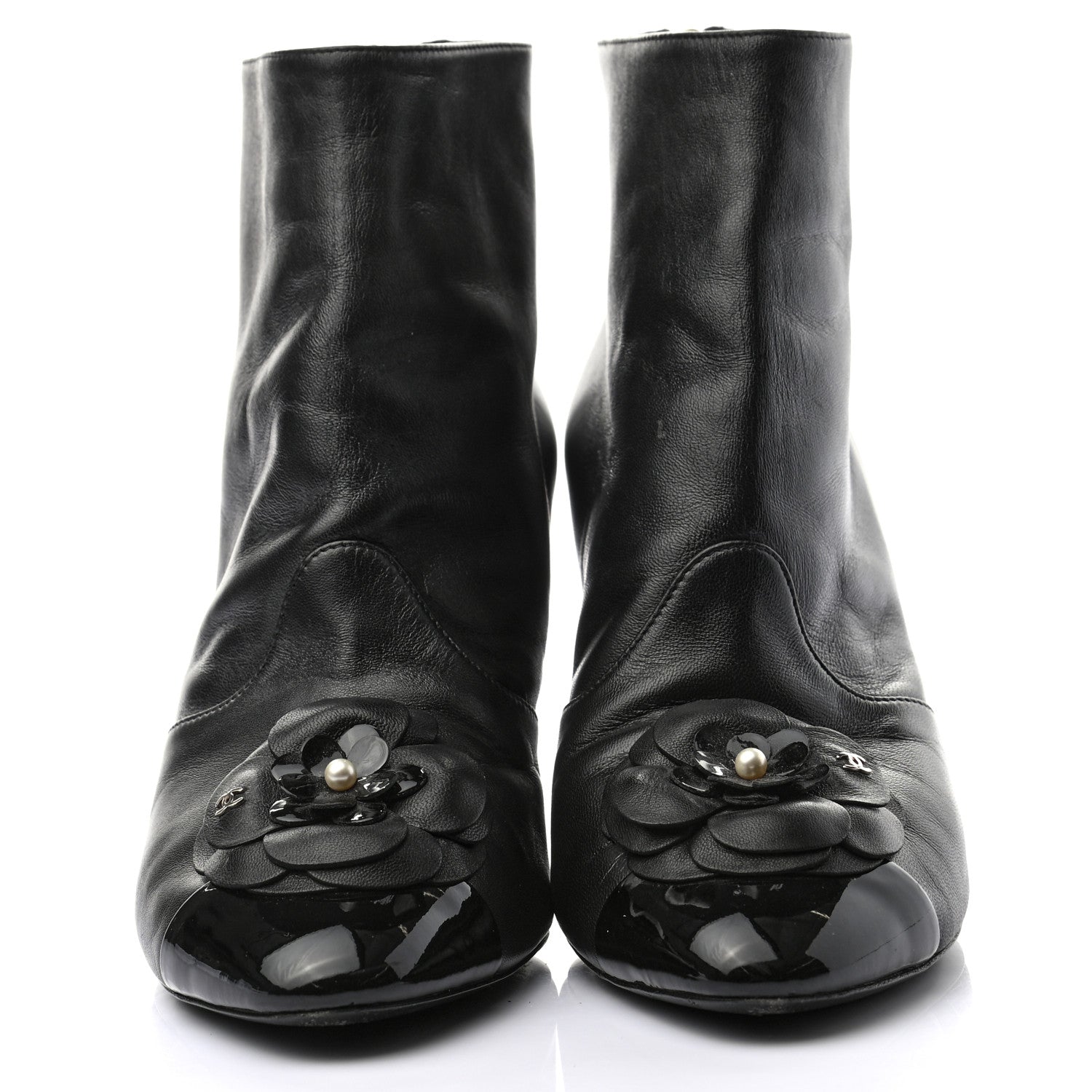 Chanel Lambskin Patent Cap Toe Pearl Camellia CC Short Boot 37.5 Black 2 of 8
