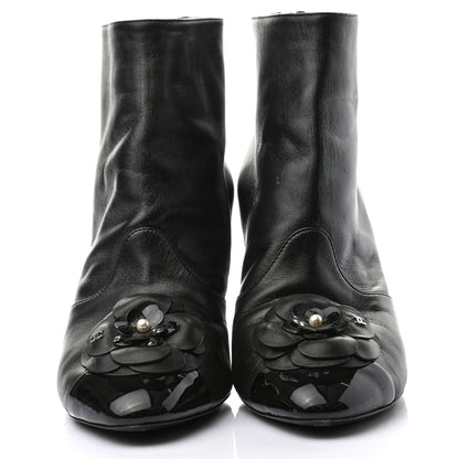 Chanel Lambskin Patent Cap Toe Pearl Camellia CC Short Boot 37.5 Black 2 of 8