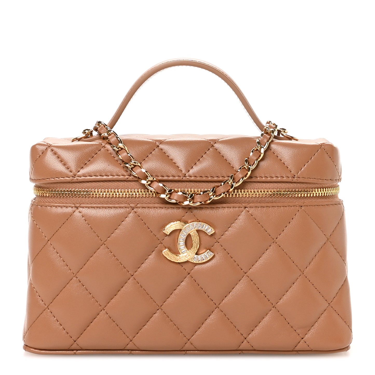 Lambskin Quilted Crystal Ridged CC Top Handle Slim Vanity Case With Chain Brown