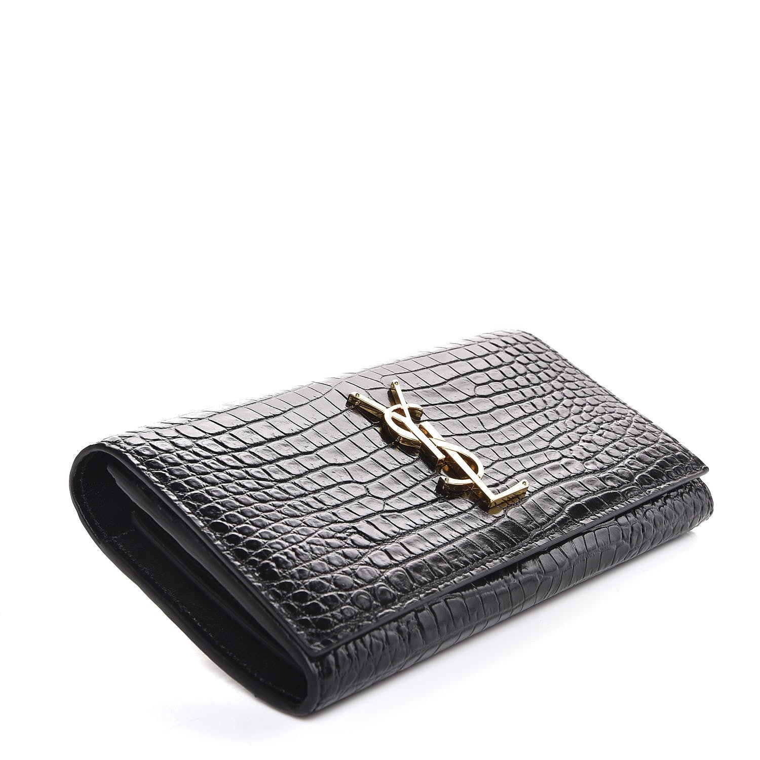 Saint Laurent Calfskin Crocodile Embossed Large Monogram Flap Wallet Black 4 of 8