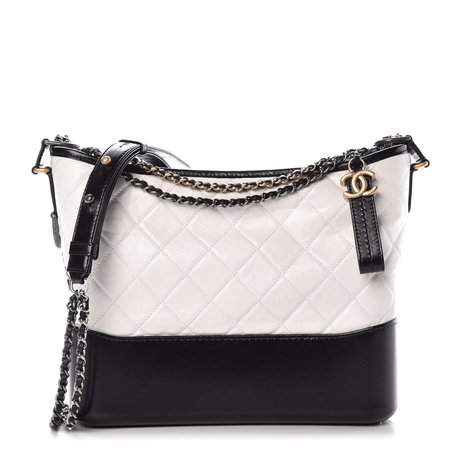 Aged Calfskin Quilted Medium Gabrielle Hobo Black White