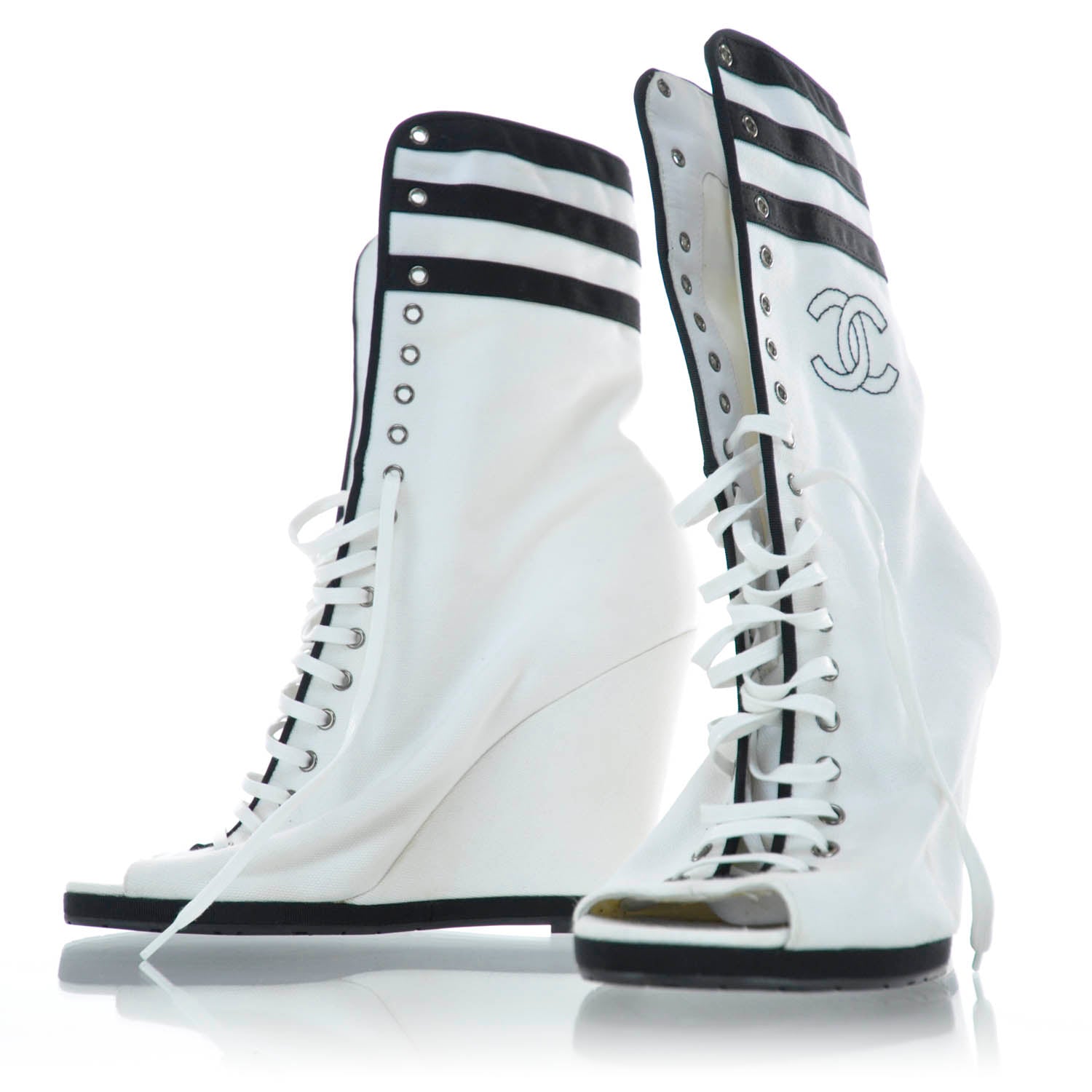 Chanel Leather Wedge Peep Toe Booties 40 Black and White 1 of 6