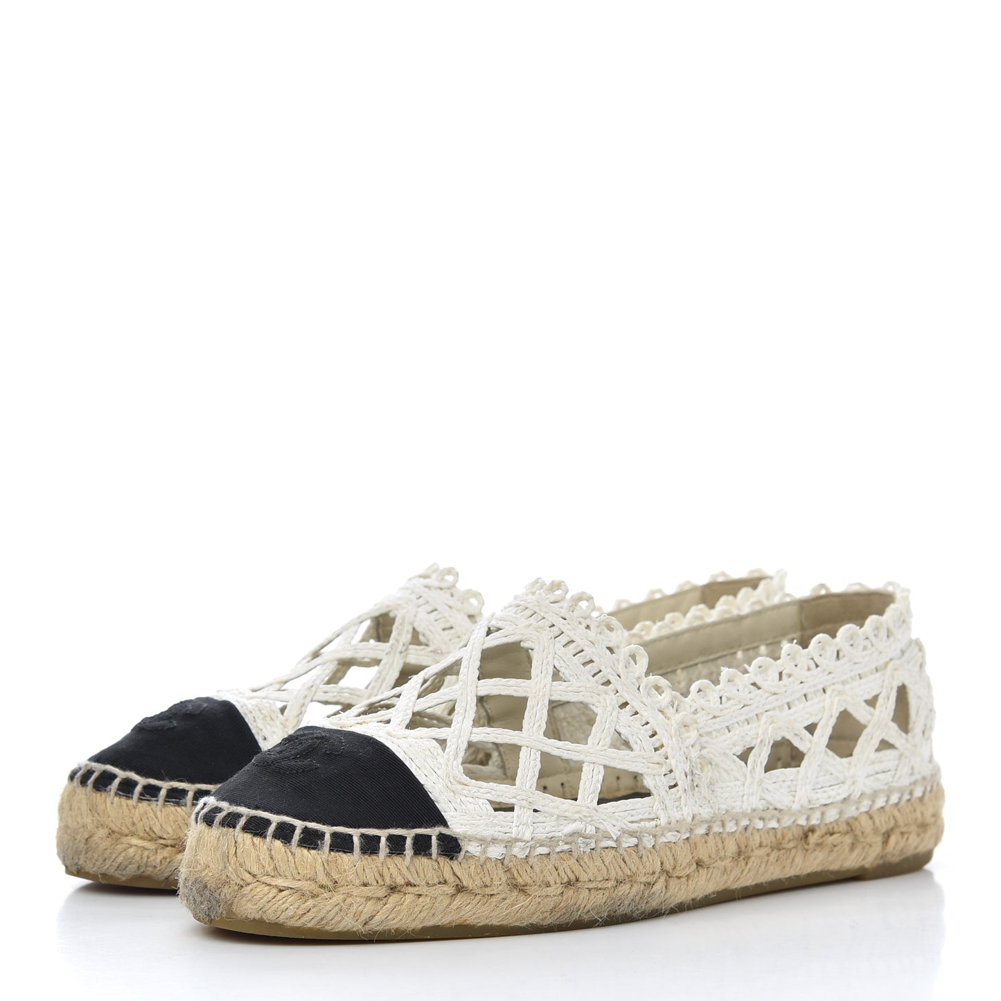 Woven Fabric Grosgrain CC Espadrilles 37 White Black