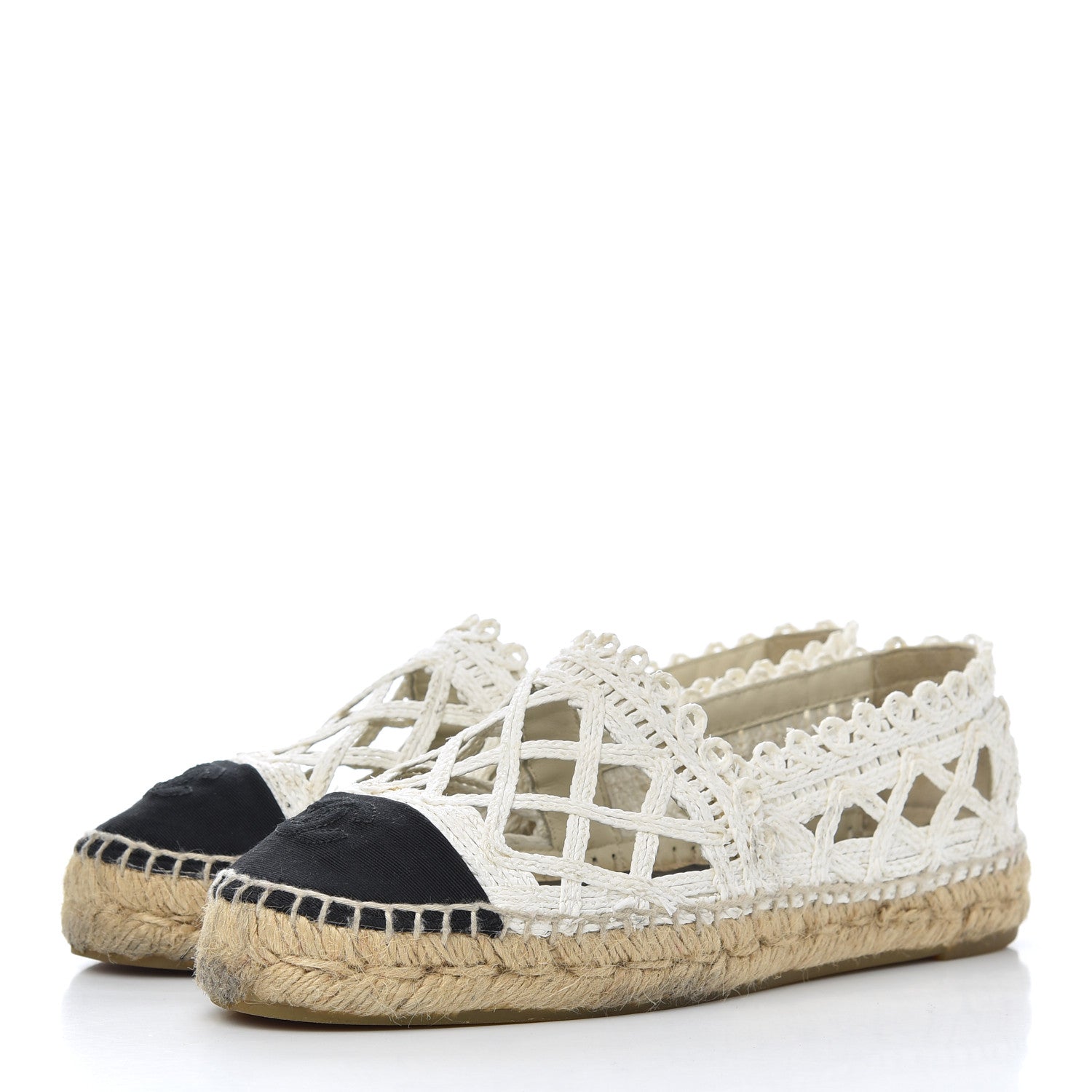 Chanel Woven Fabric Grosgrain CC Espadrilles 37 White Black 3 of 21