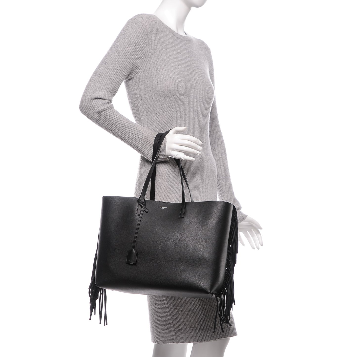 Calfskin Large Fringe Shopping Tote Black