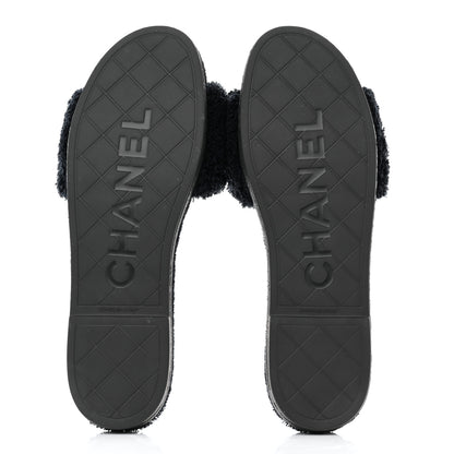 Chanel Terry CC Flat Mules Sandals 40 Navy 5 of 9