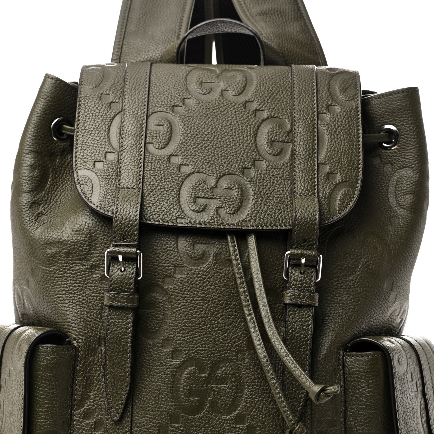Gucci Piuma Calfskin Jumbo GG Embossed Double Buckle Backpack Dark Vintage Olive 8 of 10