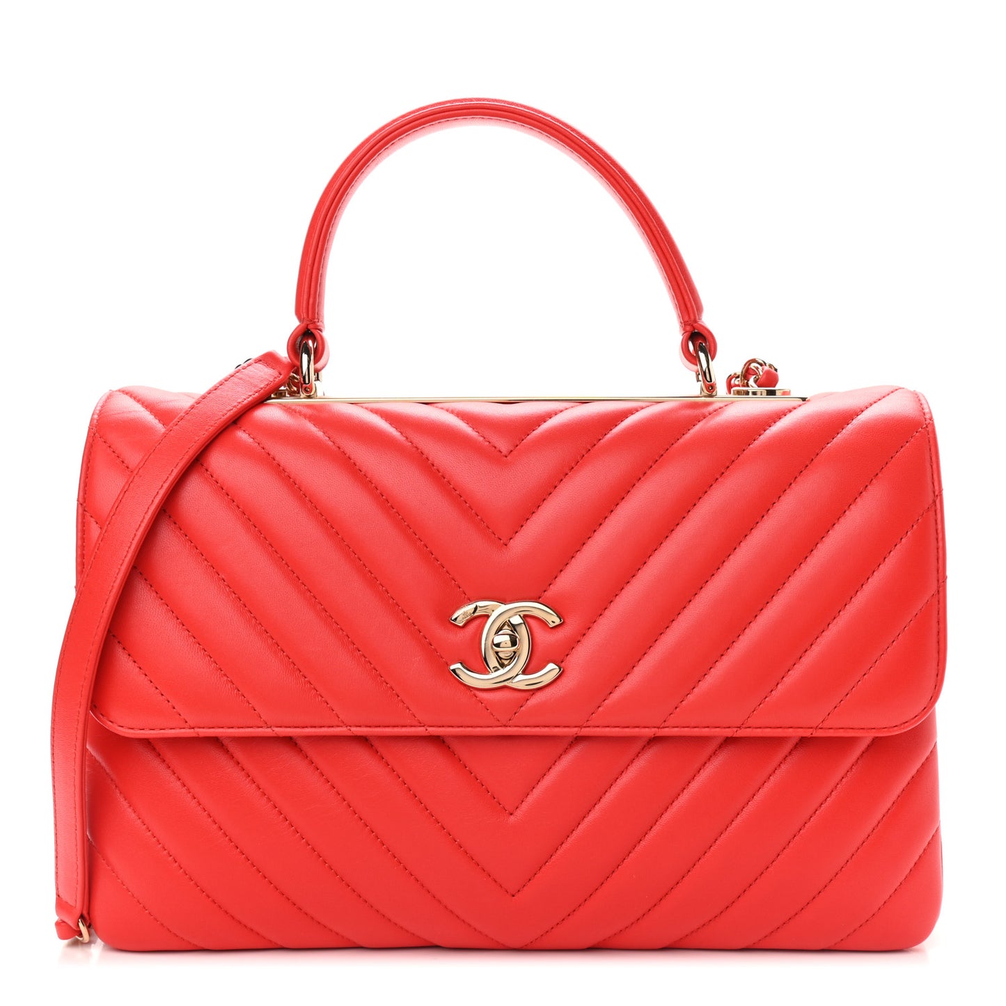 Lambskin Chevron Quilted Medium Trendy CC Dual Handle Flap Bag Red