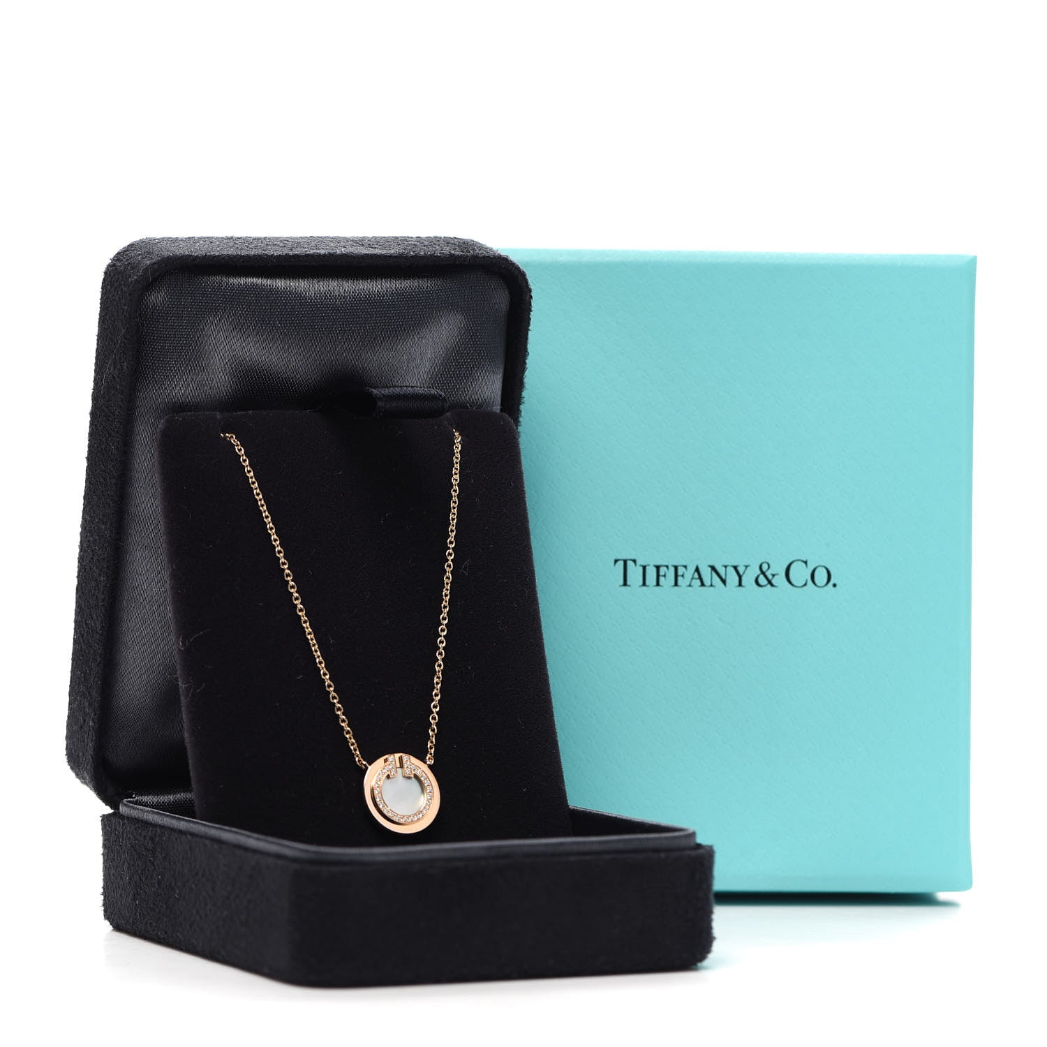 Tiffany 18K Yellow Gold Diamond Mother of Pearl Small T Circle Pendant Necklace 6 of 6