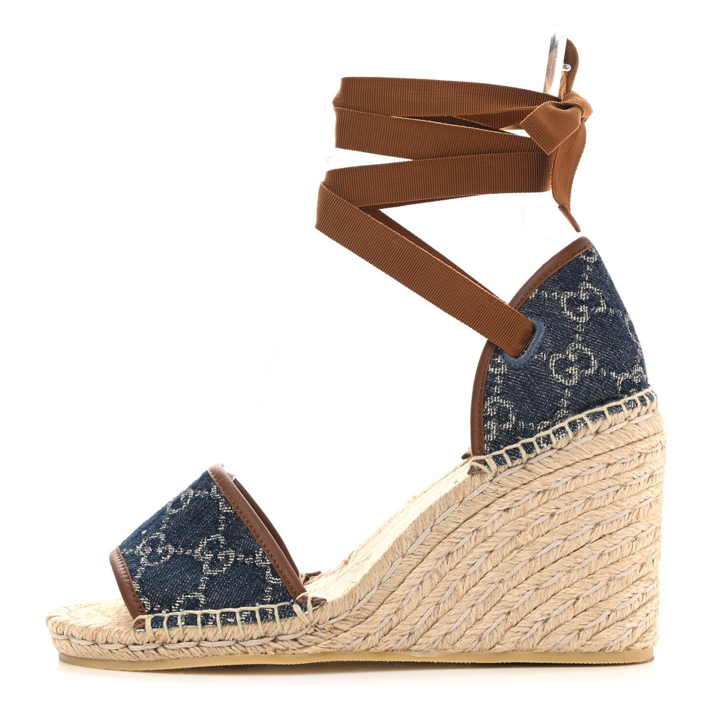 New Denim GG Monogram Ankle Wrap Espadrille Wedge Sandals 38 Blue Tea Cuir Epilog