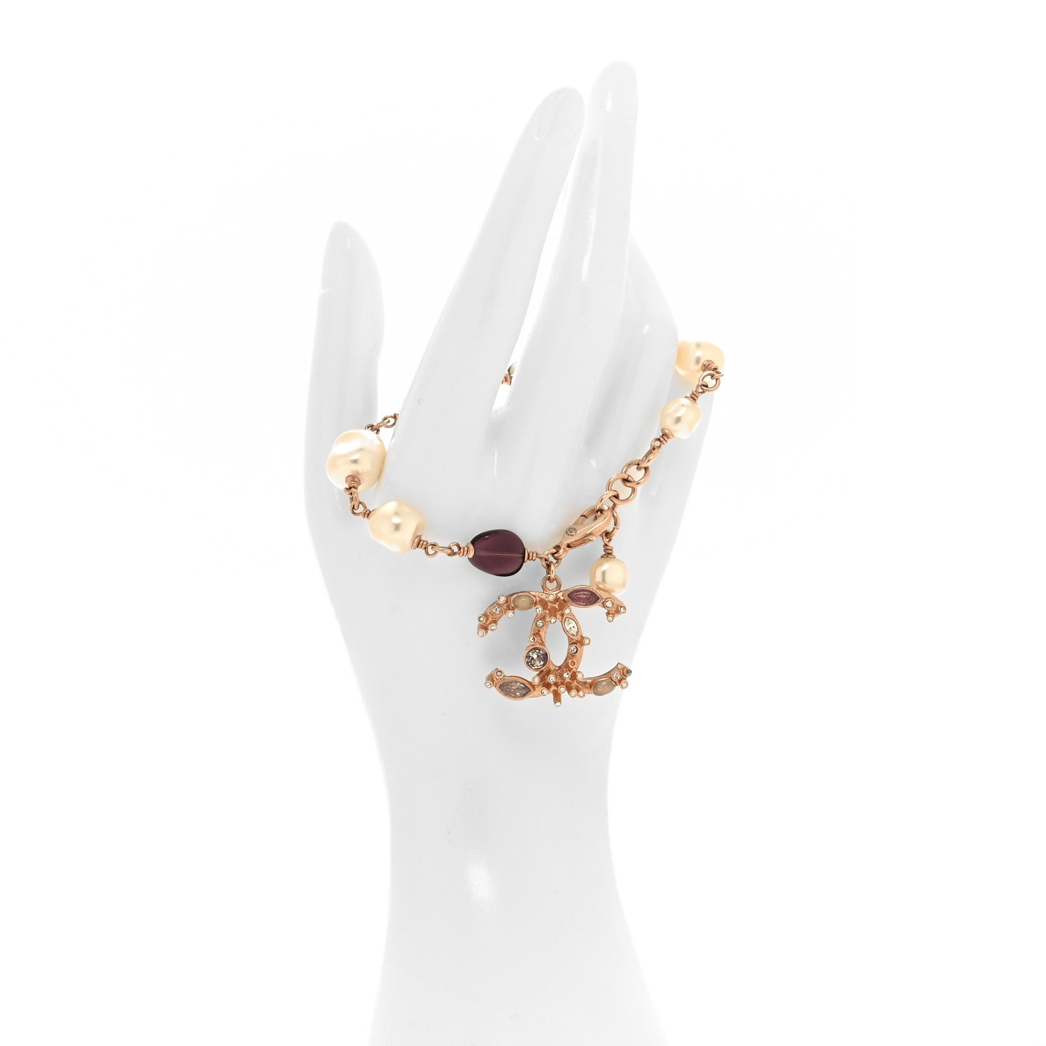 Chanel Crystal Marquise CC Irregular Pearl Bracelet Gold Purple 2 of 4