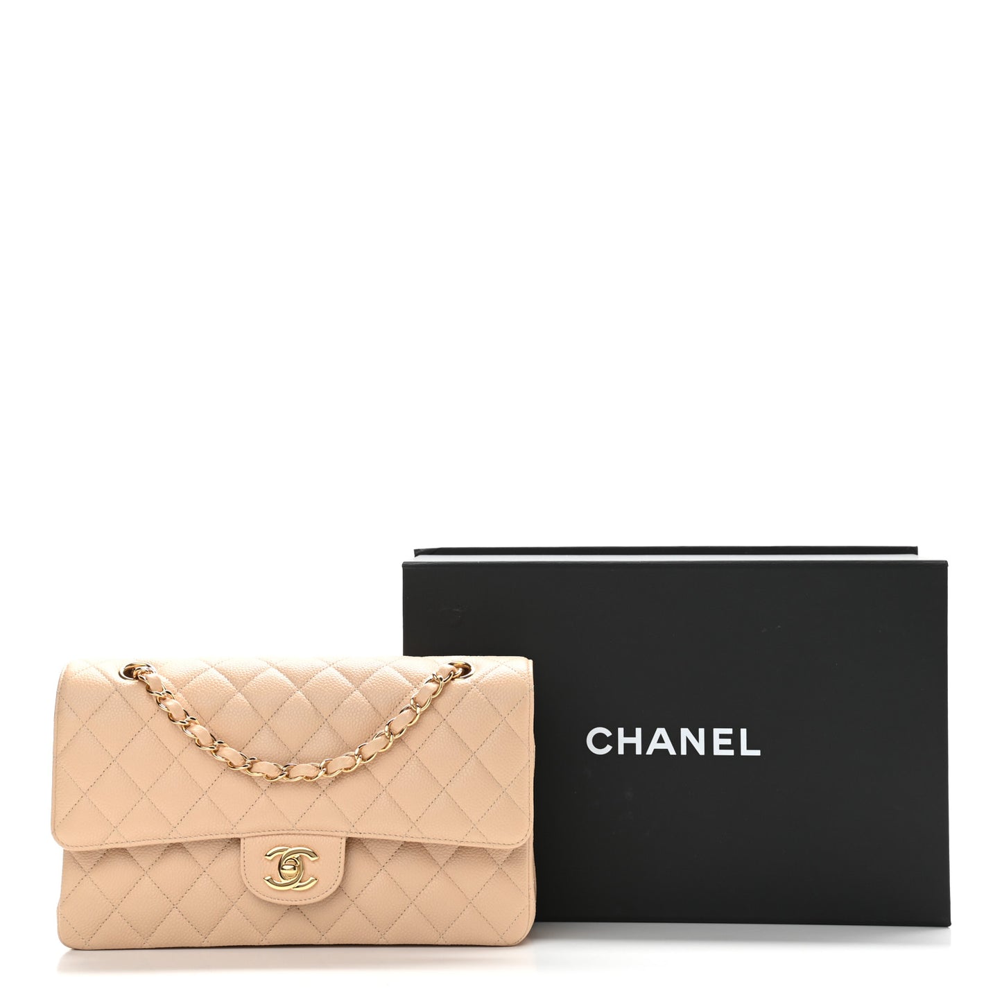 Caviar Quilted Medium Double Flap Beige