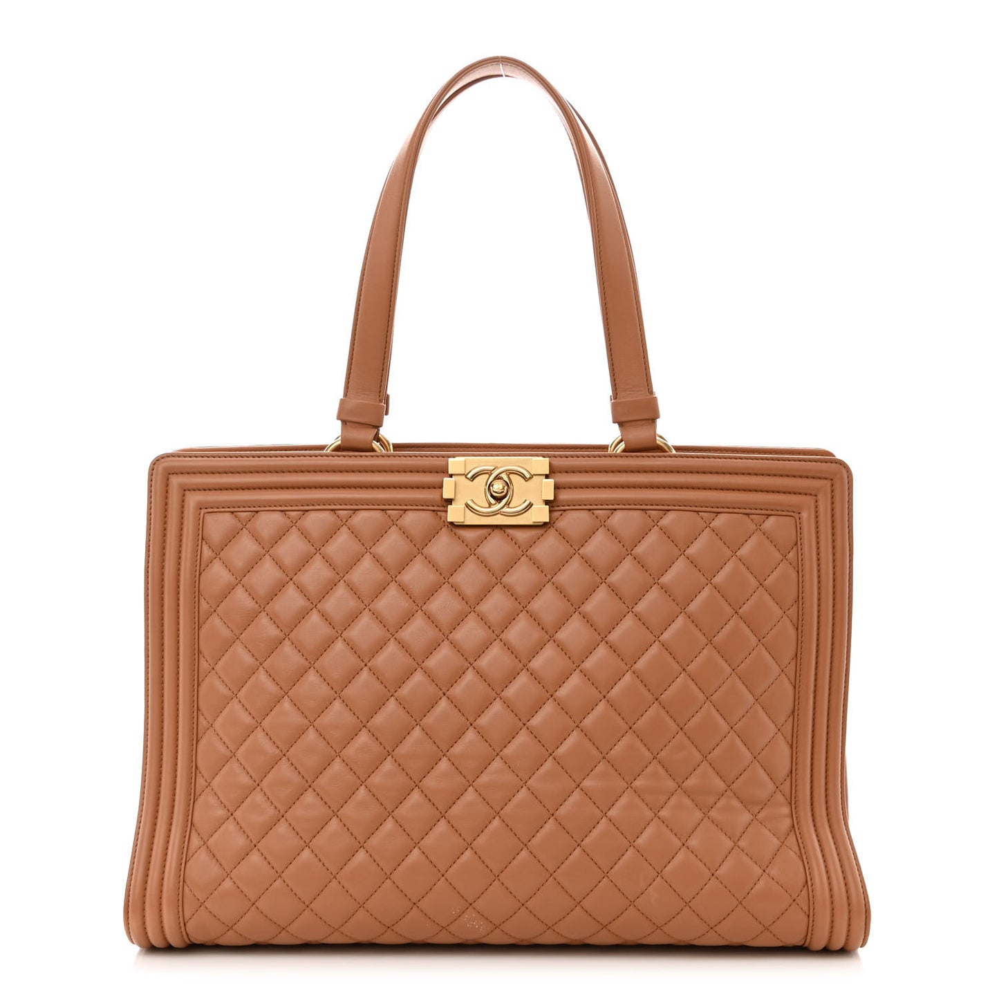 Calfskin Quilted Boy Shopping Tote Camel