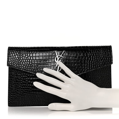 Saint Laurent Calfskin Crocodile Embossed Uptown Monogram Pouch Black 2 of 8