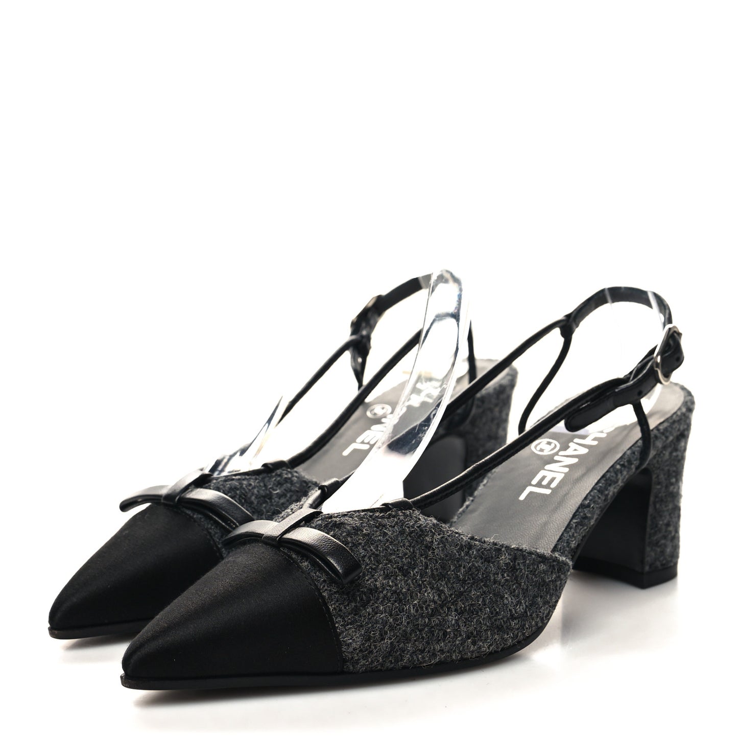 Tweed Satin Slingback Cap Toe Bow Pumps 36 Grey Black