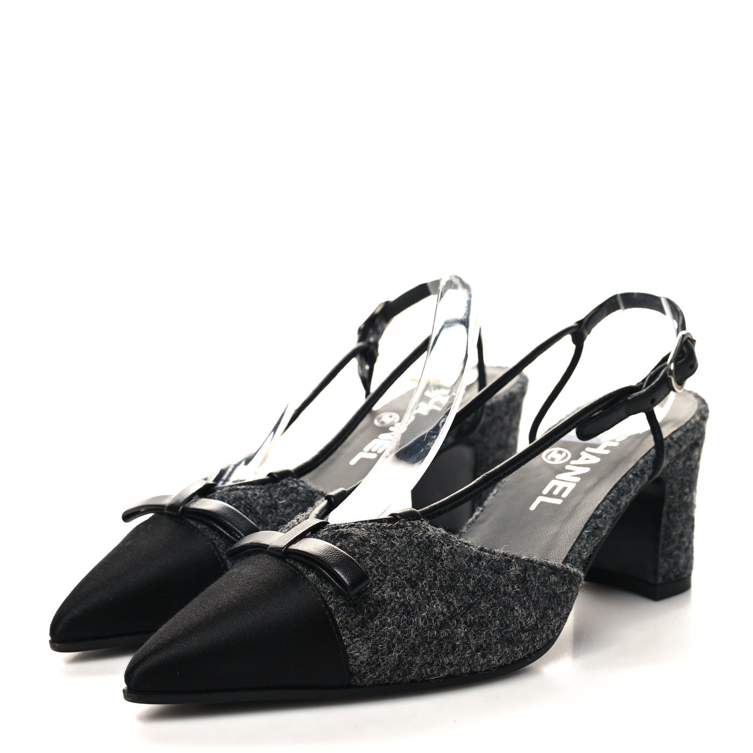 Chanel Tweed Satin Slingback Cap Toe Bow Pumps 36 Grey Black 3 of 8