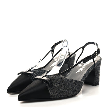 Chanel Tweed Satin Slingback Cap Toe Bow Pumps 36 Grey Black 3 of 8