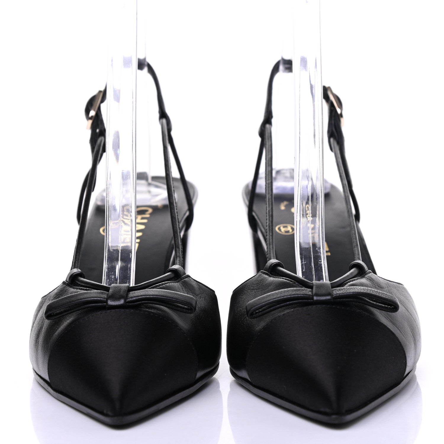 Chanel Lambskin Satin Slingback Cap Toe Bow Pumps 39.5 Black 2 of 13