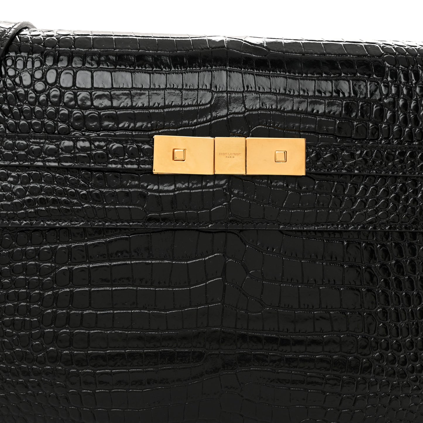 Shiny Calfskin Crocodile Embossed Manhattan Baguette Black