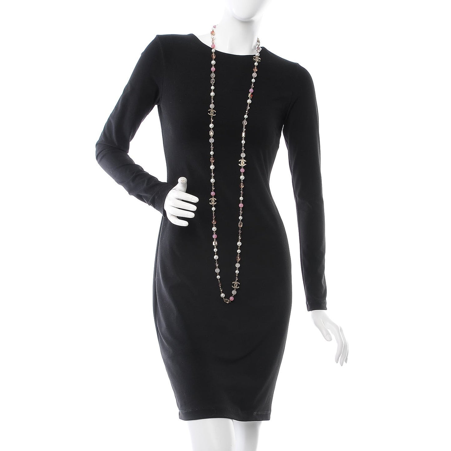 Pearl Crystal Beaded CC Long Necklace Pink Gold
